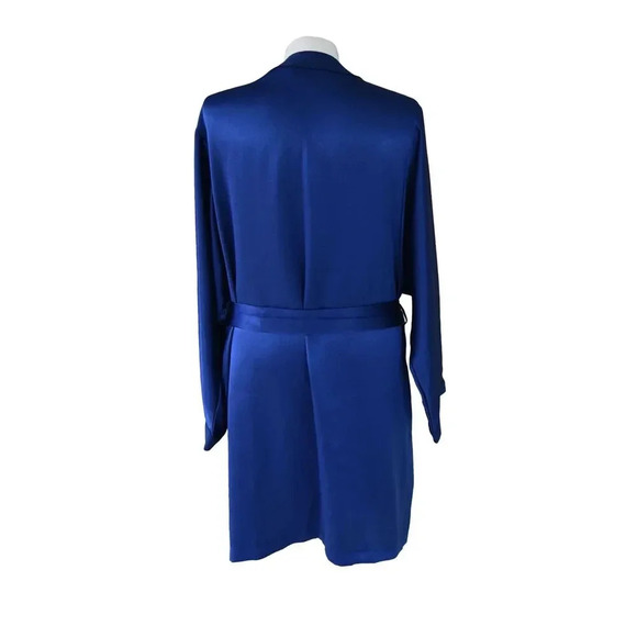 Vintage Natori Satin Navy Short Robe Medium Neiman Marcus Nightgown Belted - Picture 5 of 7
